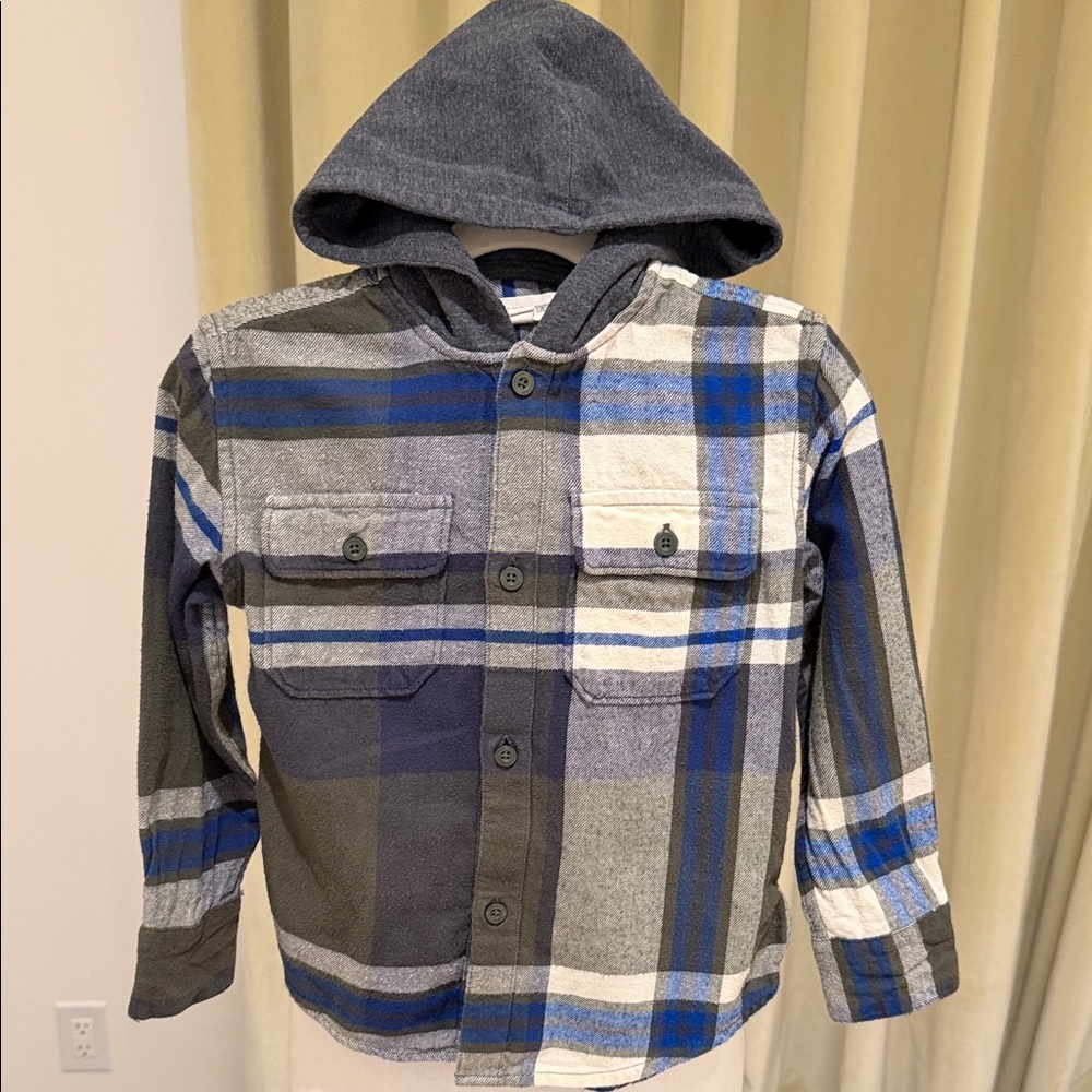 Tucker + Tate - Boys Blue and Gray Plaid Hooded Shirt - Size: 3T